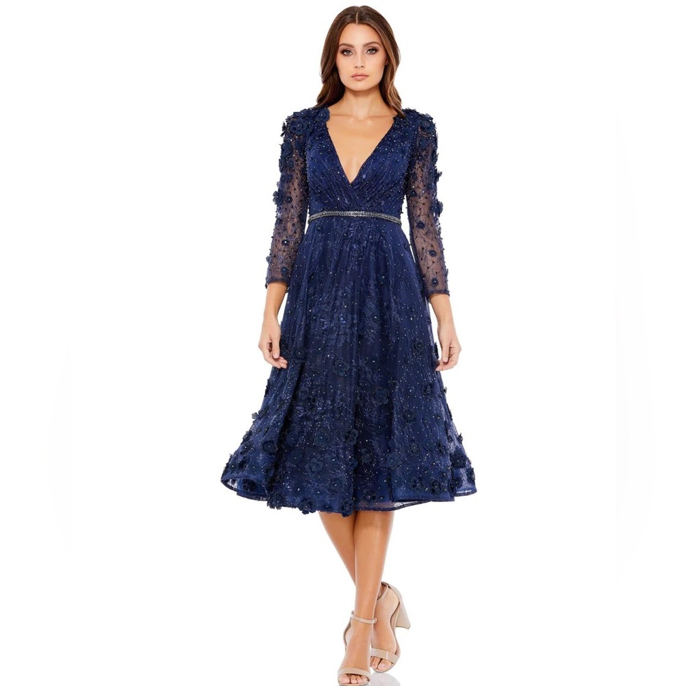 NWT $538 MAC DUGGAL FLORAL MIDI LONG SLEEVES COCKTAIL DRESS NAVY 67809